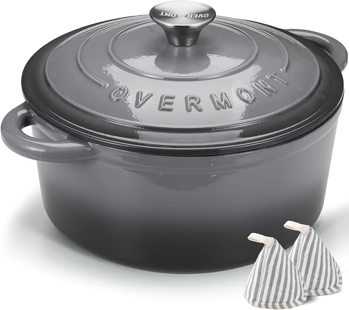 Overmont Enameled Cast Iron Dutch Oven - 7QT Pot with Lid Cookbook & Cotton Potholders - Heavy-Duty Cookware for Braising, Stews, Roasting, Bread Baking grey