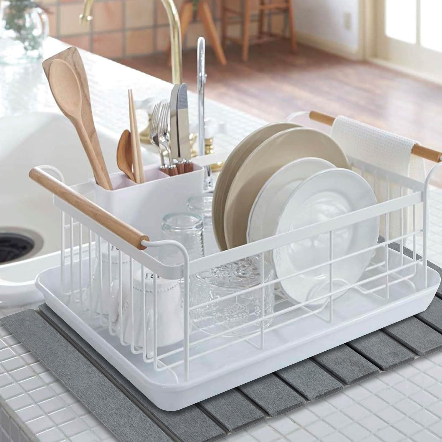 Large Stone Dish Drying Foldable Mat for Kitchen Counter, Foldable and Super Absorbent Mat, Quick Drying Pad for Dishes Utensils Countertop Bathroom 24"*16"