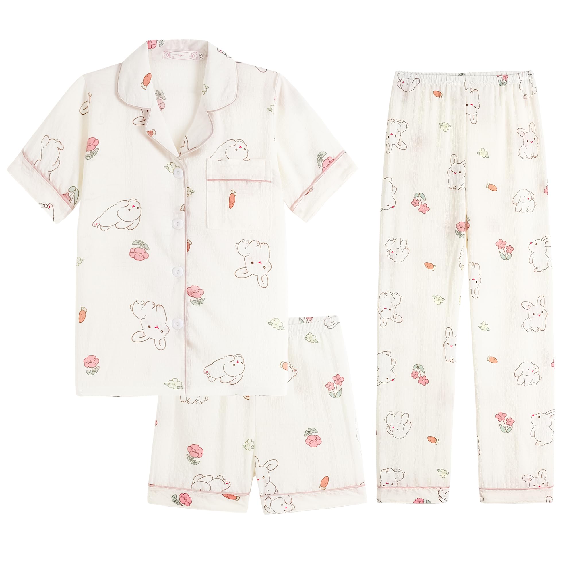 Hupohoi Big Girls Button Down Pajama Set 3pcs Crepe Fabric Sleepwear Nighty
