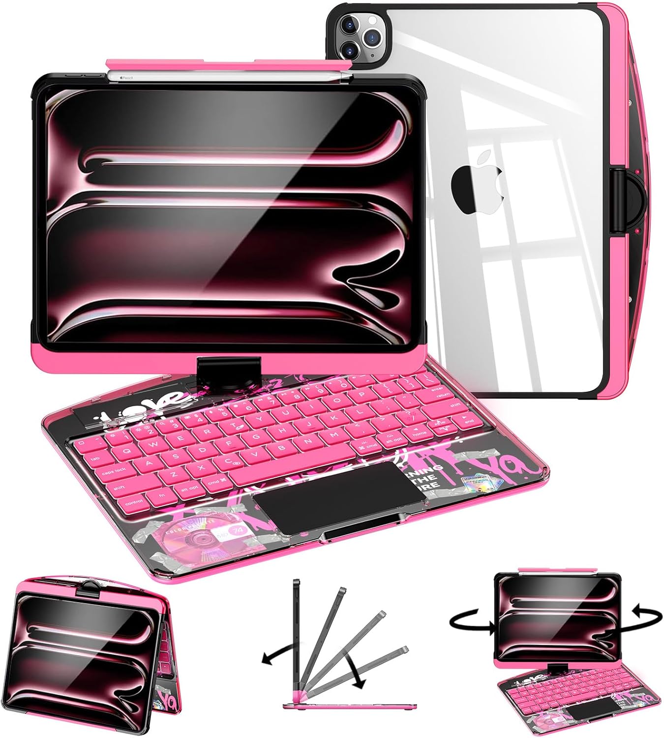 Transparent Keyboard Case for iPad Air 11in(M4/M3/M2,2026/2025/2024),10.9in Air4/5th,Pro 11in(4th/3th/2th/1th),360°Rotating,7-Color Backlit Wireless Keyboard with Touchpad,Pencil Holder,White