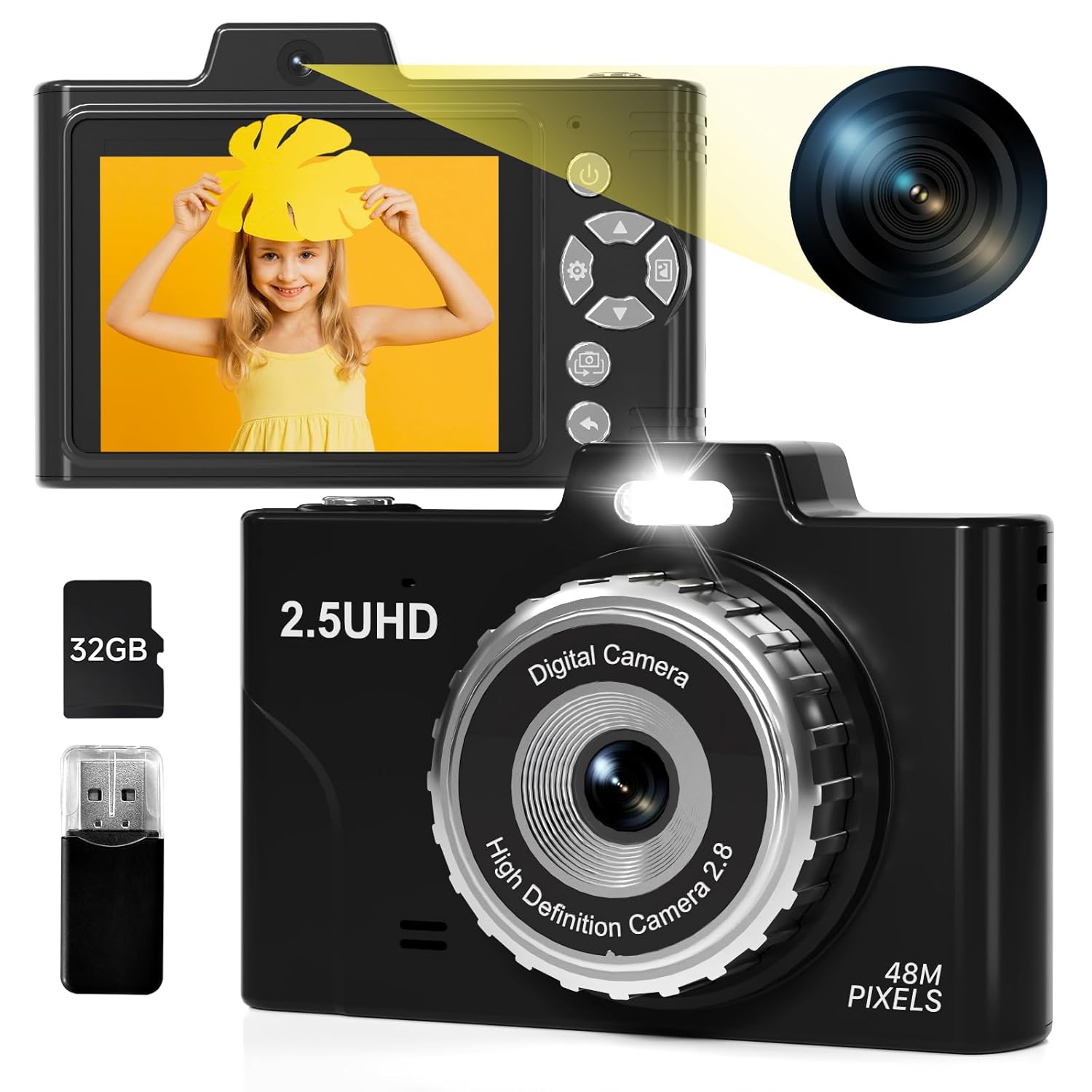 Digital Camera for Teens, 48MP FHD Dual Camera with 2.5K Video, 32GB SD Card, 8X Zoom, Black Small Camera with Card Reader, Compact Point and Shoot Camera with Games for Kids, Boys, Student