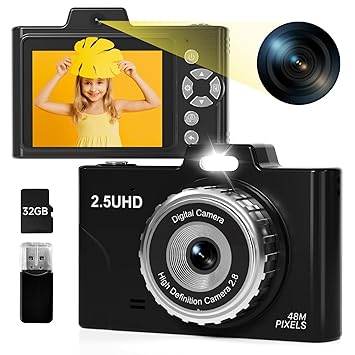 Digital Camera for Teens, 48MP FHD Dual Camera with 2.5K Video, 32GB SD Card, 8X Zoom, Black Small Camera with Card Reader, Compact Point and Shoot Camera with Games for Kids, Boys, Student