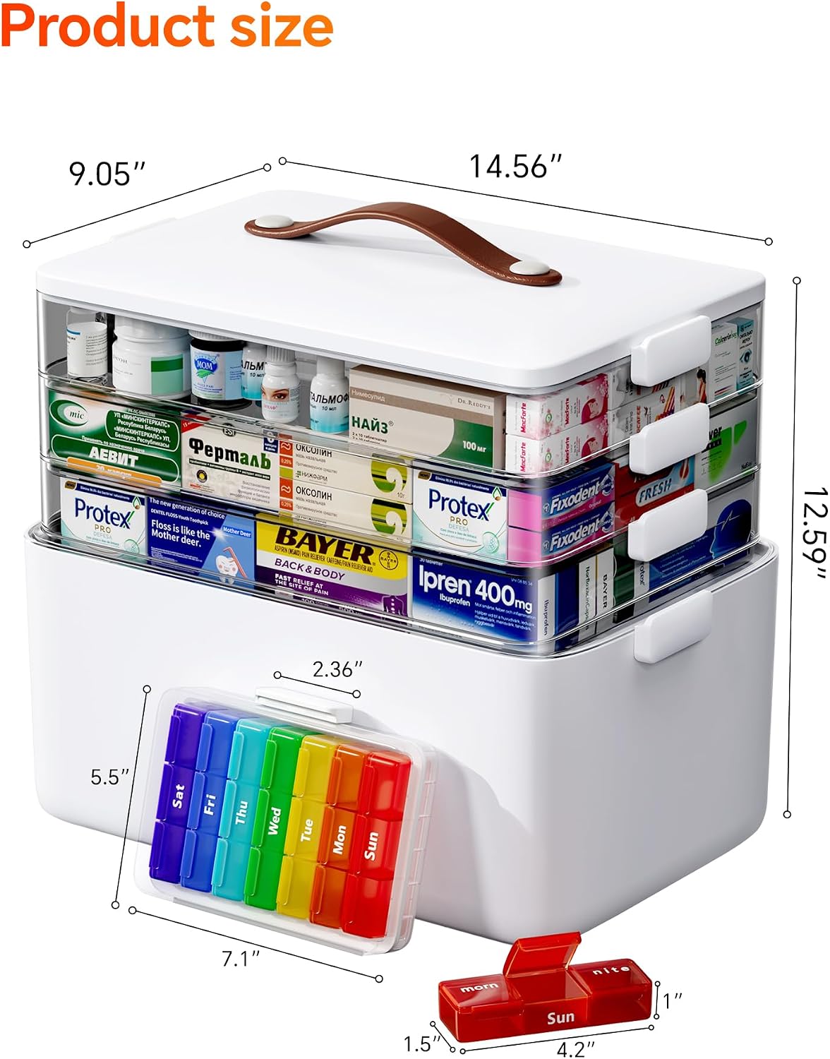 Large Medicine Cabinet Organizer with Tall Bottle Storage Bin & 7-Day Pill Box, 4-Tier Medicine Storage Organizer, Family First Aid Box Empty for Home(4C Medicine Box + Fabric Set)