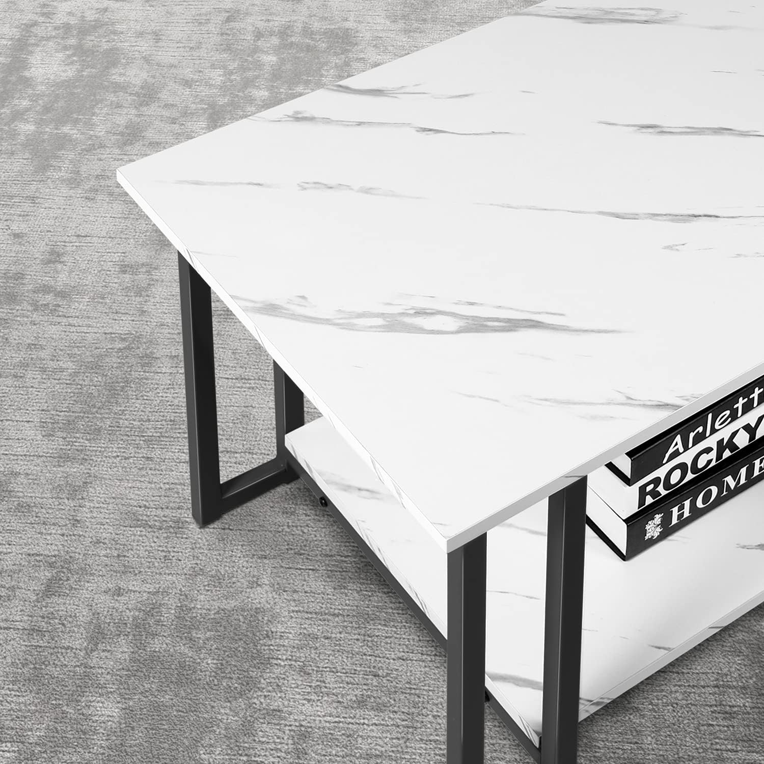 White Marble Coffee Table Modern Coffee Table with Metal Frame Accent Furniture for Living Room, Indoor, Home Décor w/Open Storage Shelf (Black Metal Legs)