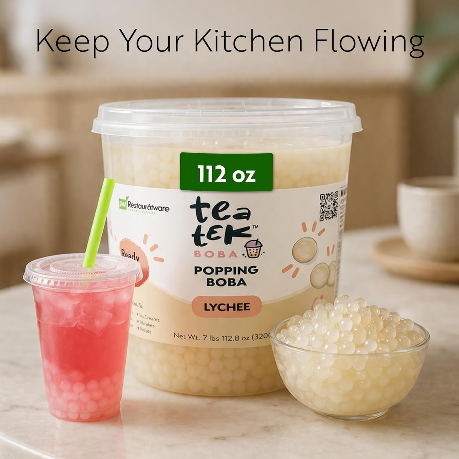 Tea Tek 7 Pound Popping Boba, 1 Count Vegan Lychee Popping Pearl Jar - No Cooking Required, No Gluten, Edible Bursting Boba, Resealable Jar, For Tea, Smoothies