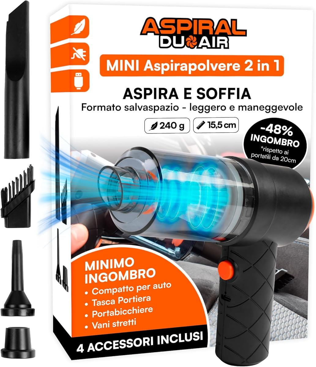 Aspirapolvere Aspirabriciole Senza Fili Auto Casa e Ufficio - Mini Aspiratore e Soffiatore Portatile 2in1 Aspiral DuoAir Ricarica Rapida USB e 4 Accessori Inclusi - Dimensioni 14x15,5x5,5cm