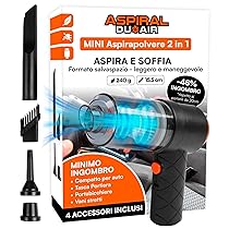 Aspirapolvere Aspirabriciole Senza Fili Auto Casa e Ufficio – Mini Aspiratore e Soffiatore Portatile 2in1 Aspiral DuoAir Ricarica Rapida USB e 4 Accessori Inclusi – Dimensioni 14×15,5×5,5cm