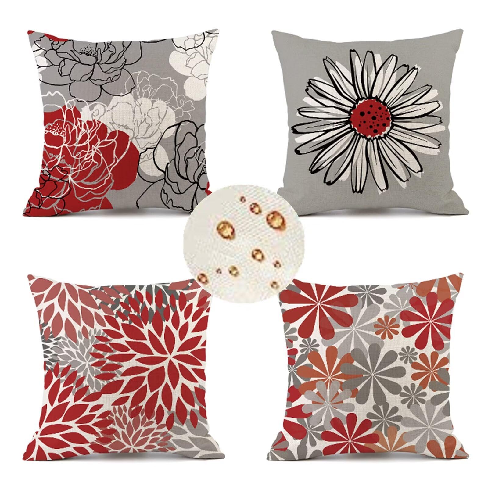 Zoulile Outdoor Throw Pillow Covers 14x14 in Set of 4 Red Flower Decorative Pillows Waterproof Linen for Garden Patio Bench Chair Home Decor Gifts