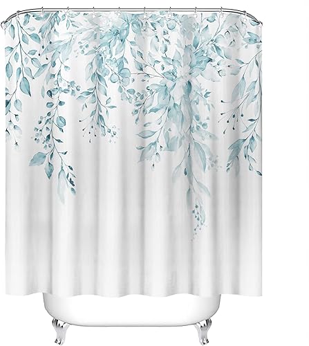 Miniatura 4 de Tititex Spun Sugar - Juego de cortinas de ducha de eucalipto azul claro, hojas de acuarela brillantes en la parte superior, decoración floral de