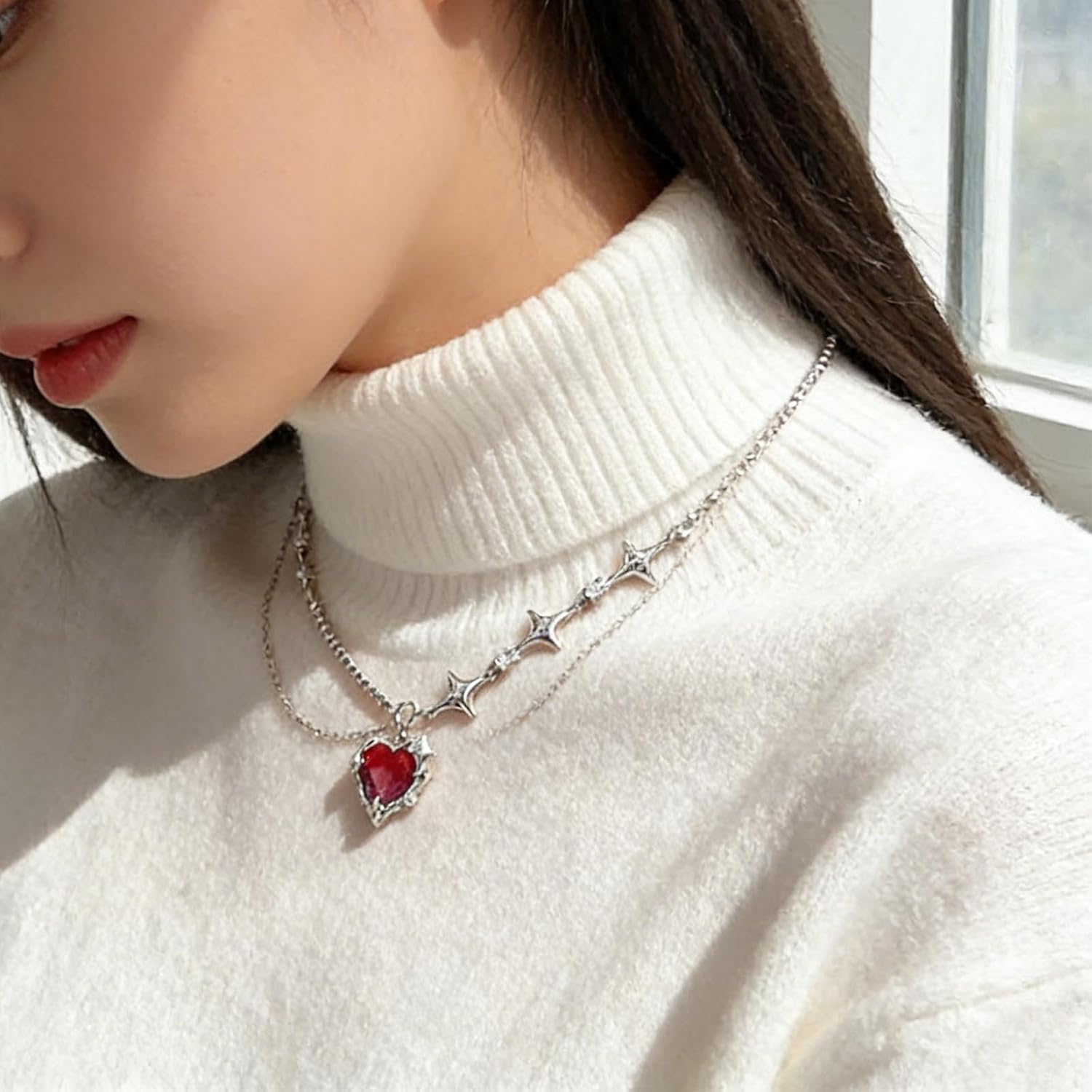 Vintage Layered Crystal Love Heart Necklace Pink Crystal Heart Pendant Necklace Silver Cz Star Choker Necklace Splice Tennis Chain Necklace Jewelry for Women - Image 8