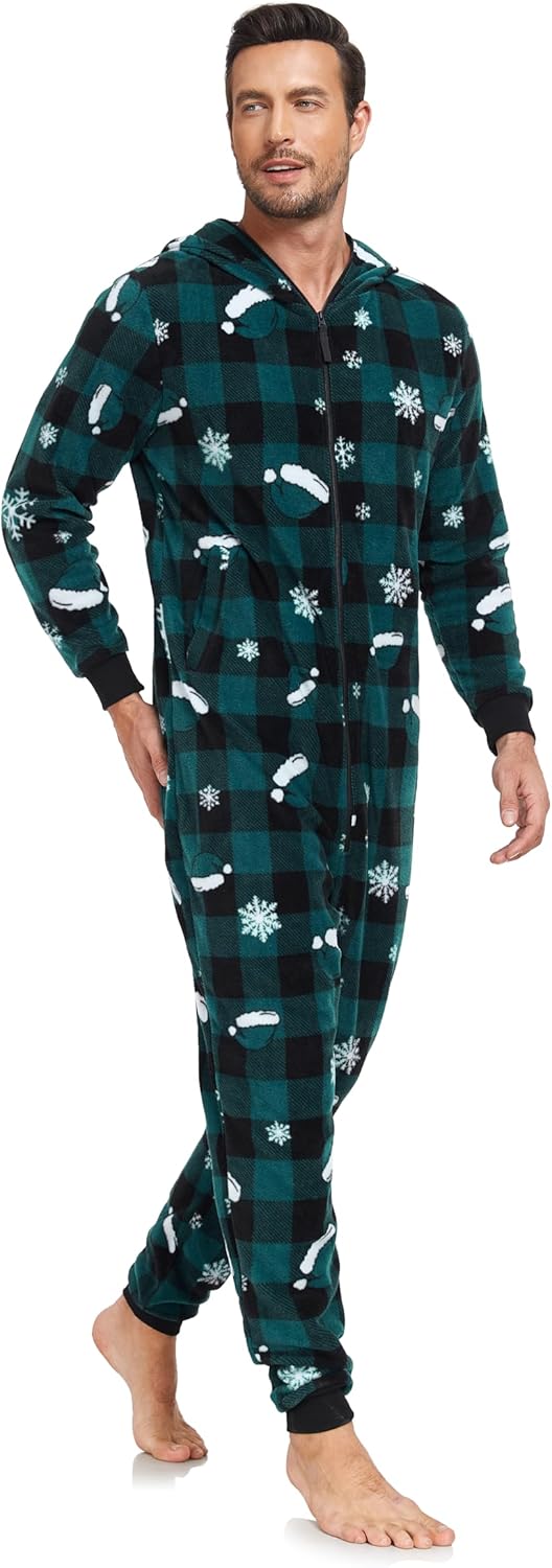 COLORFULLEAF Christmas Onesie Pajamas Adult Family Couples Matching Plaid Hoodie Suit Zipper Fleece Pj For Women and Men - Image 4