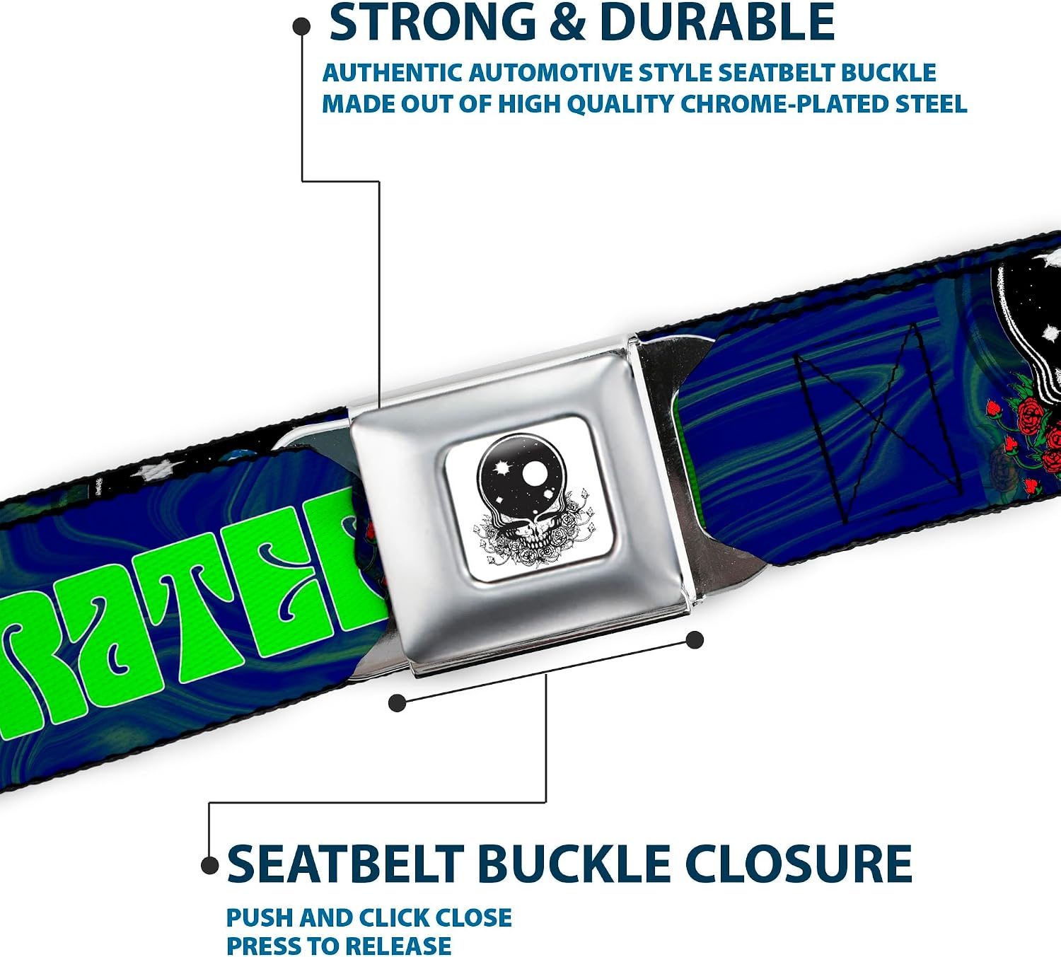 Belt Seatbelt Buckle Grateful Dead Space Your Face Close Up Swirl Blues Greens Youth 20 to 36 Inches