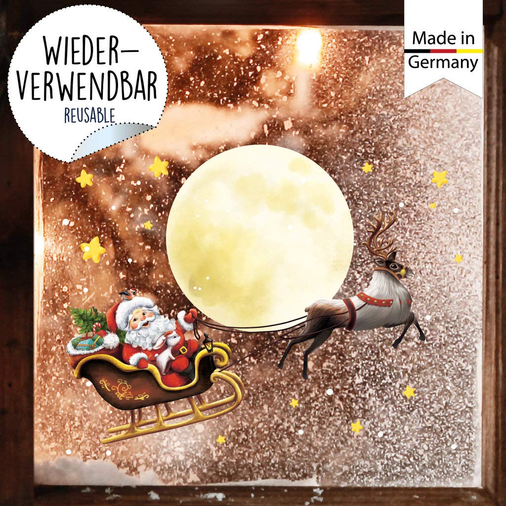 Beautiful Game Weihnachts-Wandaufkleber – Motiv: Weihnachtsmann Im Schlitten Mit Mond, 60x40 Cm, Vinyl