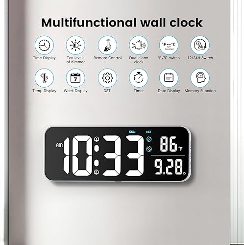 Miniatura 3 de Deeyaple Reloj de pared digital, pantalla LED de 14.6 pulgadas, pantalla grande, fecha, temperatura, 1224 horas, control remoto, 10 brillo