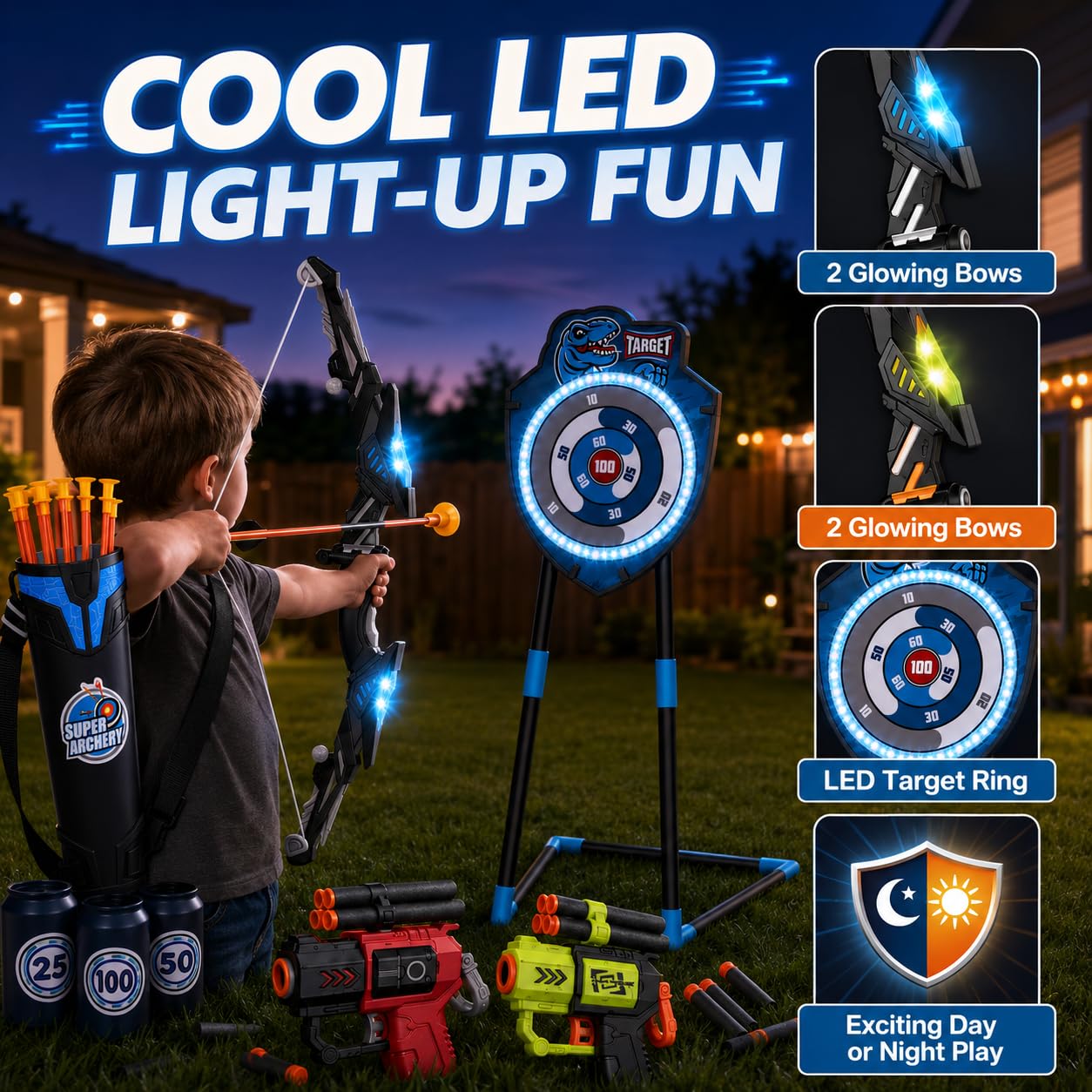 Kit de tir à l'arc LED pour enfants de 4 à 12 ans – Comprend un arc et des flèches, cible debout – Jouet de sport de plein air parfait pour garçons et filles (bleu/vert)