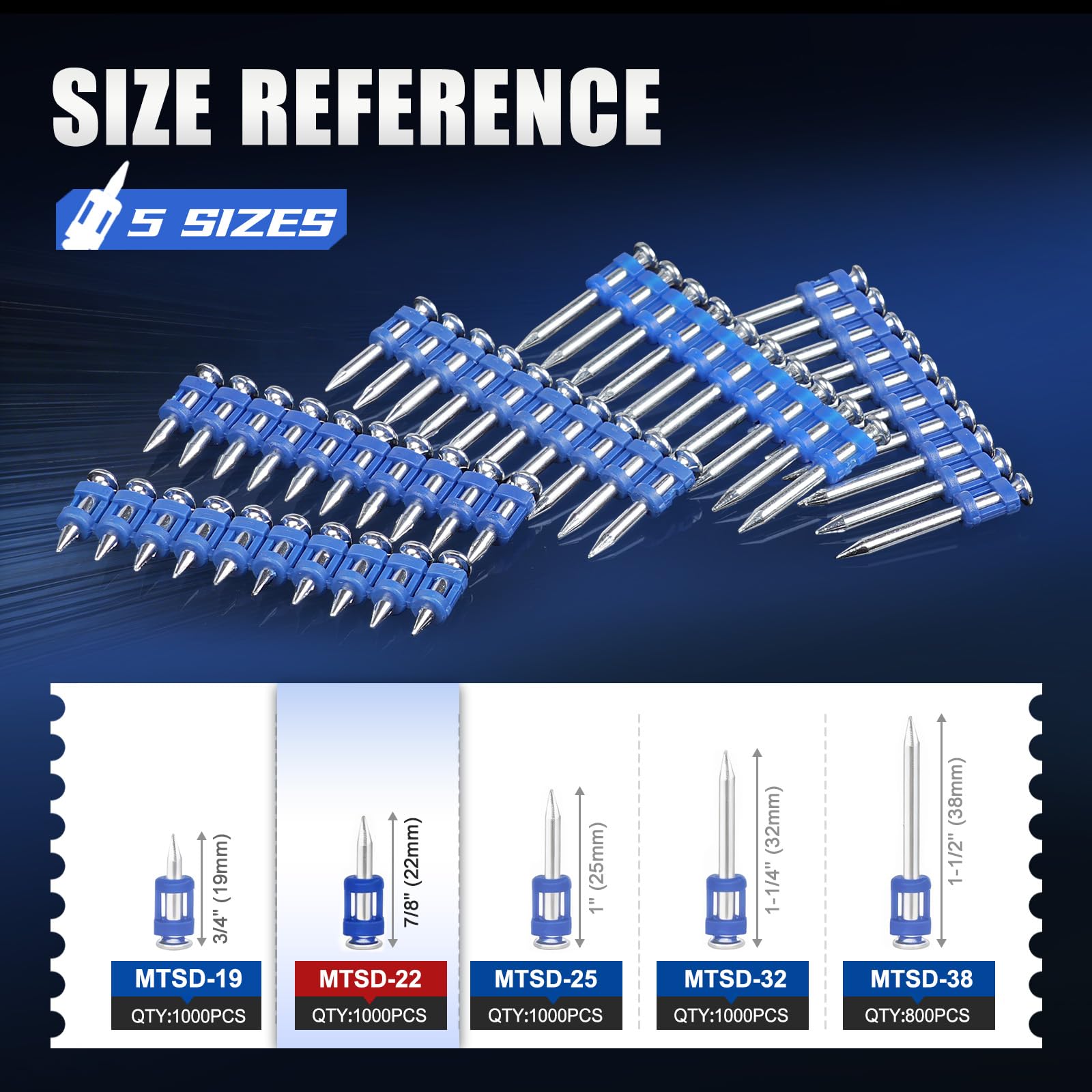 KIMSING MTSD-22 12 Gauge 7/8" x .109" Tige lisse Plastique Collision Béton et Acier Drive Pin Mécanique Galvanisé pour Gaz Power Béton et Acier Cloueuse 1000 PCS/Boîte (1, Boîte)