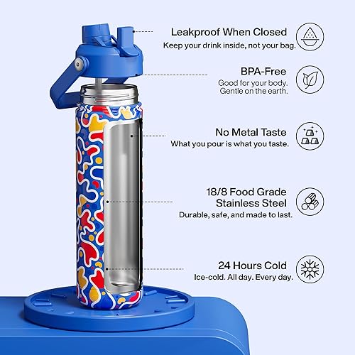 Miniatura 830 de ENCOOL Botella de agua aislada con popote, de acero inoxidable, a prueba de fugas, sin BPA, al vacío de doble pared que se mantiene fría durante 24