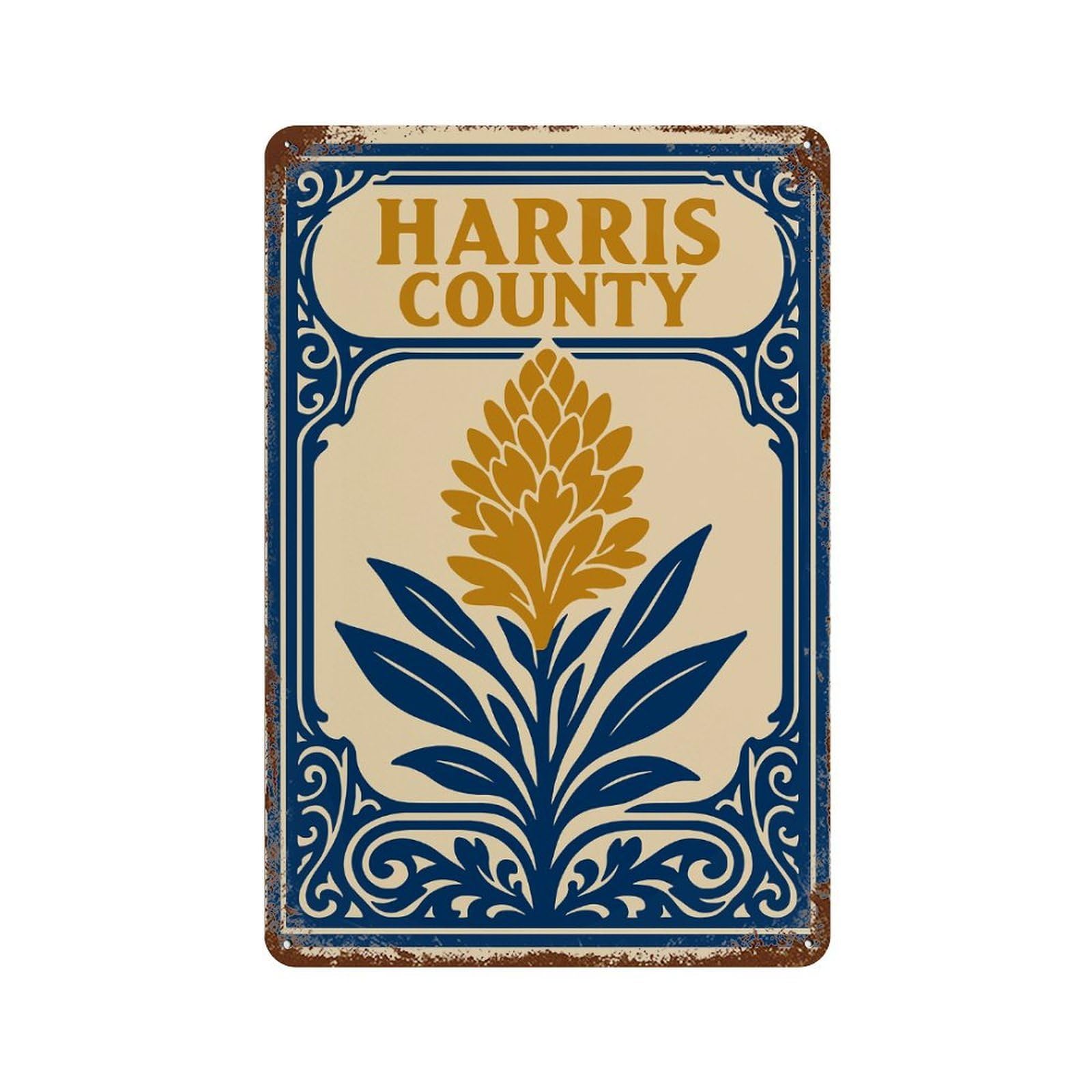 Harris County Floral Emblem Vintage Metal Tin Sign 11.8"x7.9", Rustic Home Decor for Garage, Bar And Workshop Decor