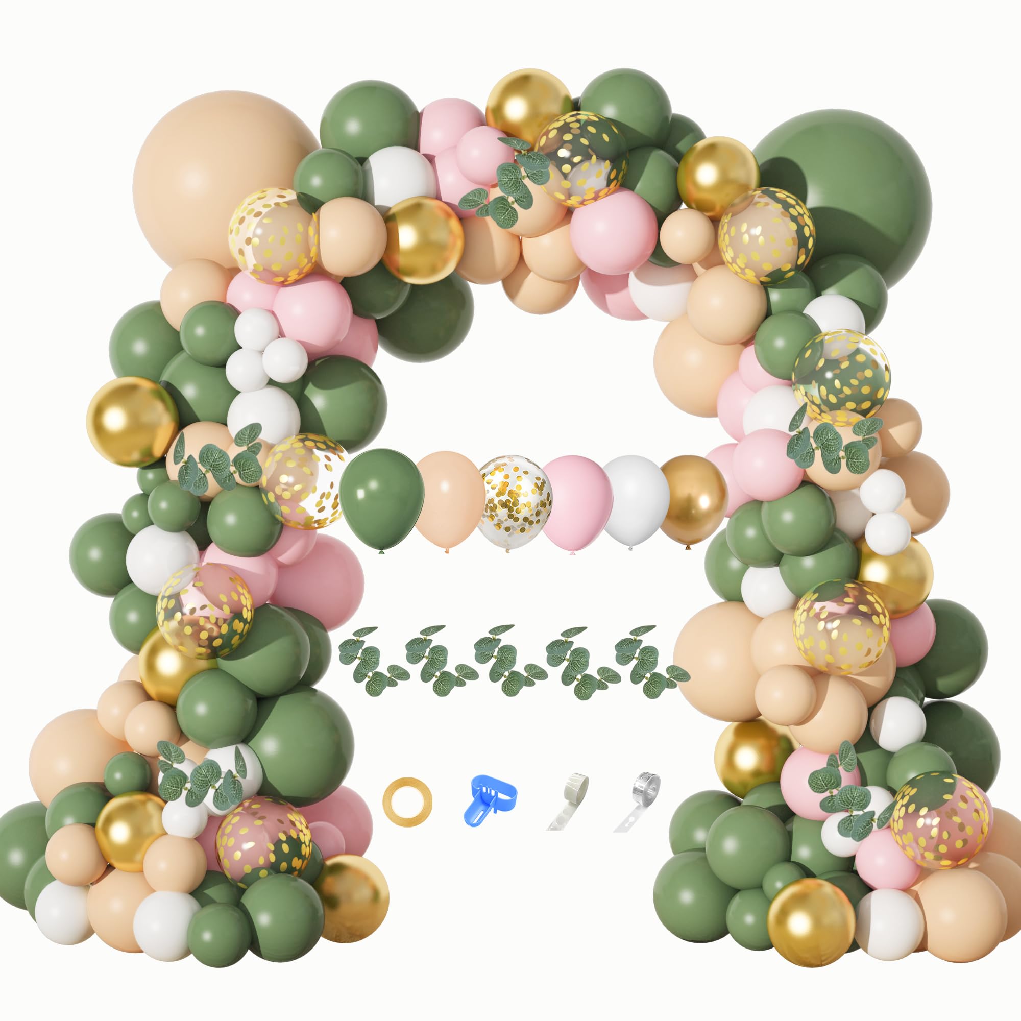 166Pcs Sage Green Balloon Garland Arch Kit Olive Green Blush Peach White Gold Balloons Artificial Eucalyptus Stems Jungle Safari Baby Shower Birthday Party Baptism Decorations