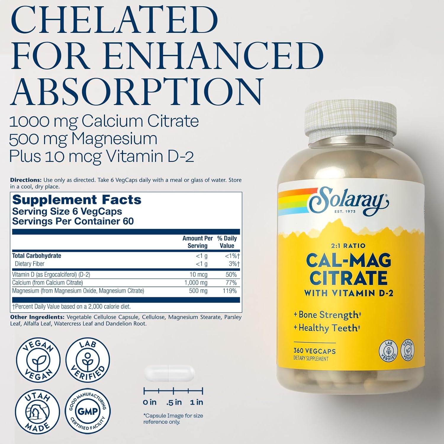 Solaray Calcium Magnesium Citrate 2:1 Ratio - Calcium Supplements for Women and Men w/Magnesium and Vitamin D 2 - Bone Health, Muscle and Nerve Support - Vegan, 60-Day Guarantee, 60 Serv, 360 VegCaps