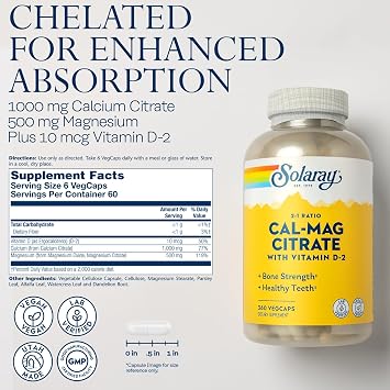 Solaray Calcium Magnesium Citrate 2:1 Ratio - Calcium Supplements for Women and Men w/Magnesium and Vitamin D 2 - Bone Health, Muscle and Nerve Support - Vegan, 60 Serv, 360 VegCaps