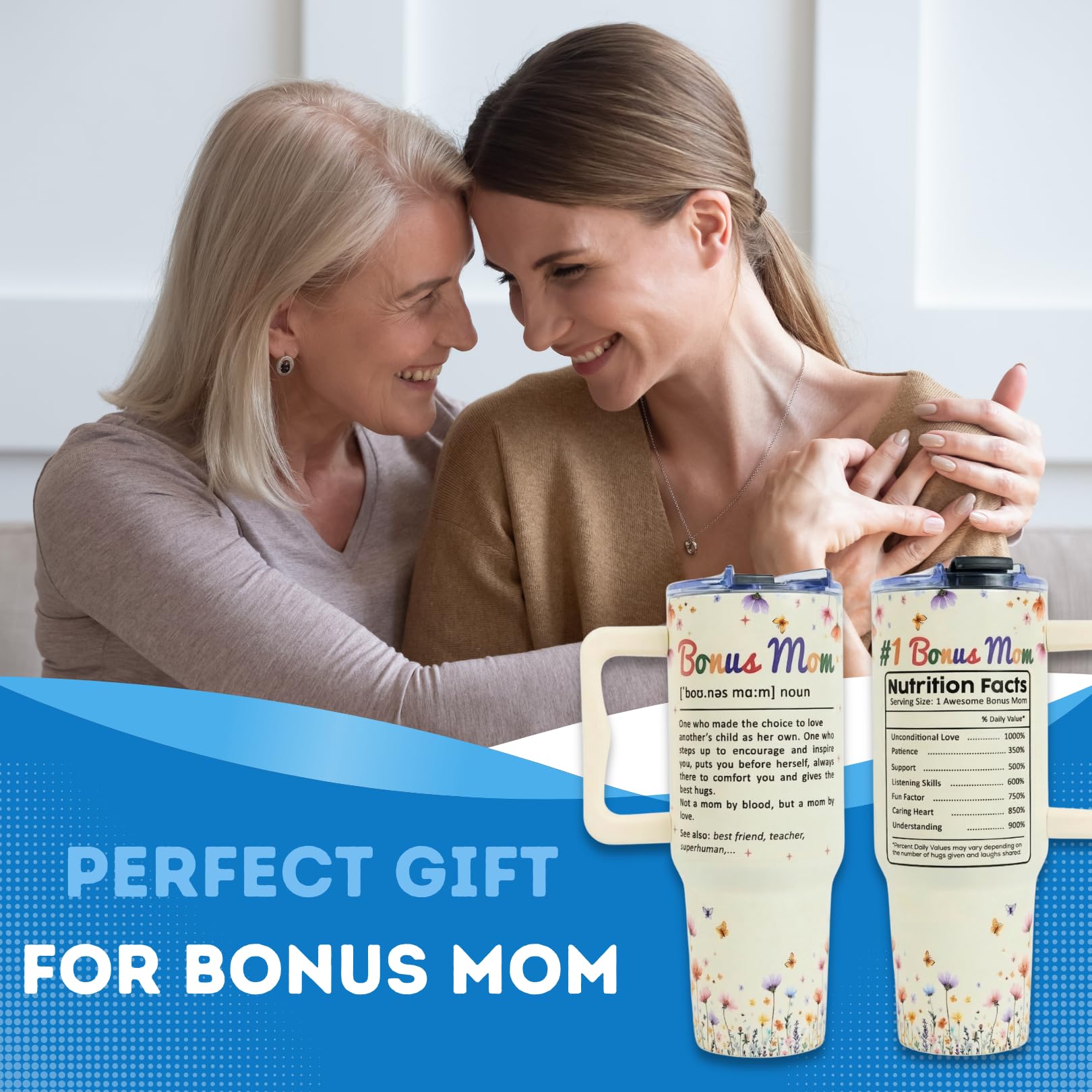 Bonus Mom Gifts 40 Oz Tumbler with Handle and Straw, Bonus Mom Gift with Funny Nutrition Facts Design, Gifts for Step Moms, Birthday Gifts for Bonus Moms from Daughter, Son or Family