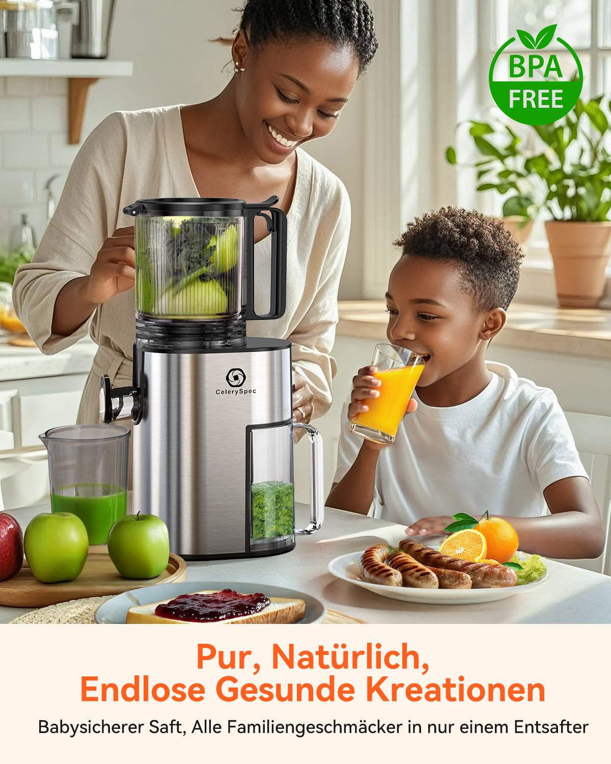 Slow Juicer Testsieger, Entsafter für Ganze Gemüse und Obst, Juicer Machine mit 130 mm Einfüllöffnung, 1,8L, BPA-frei, 250W, Rücklauffunktion, einfache Reinigung, Edelstahl Schwarz