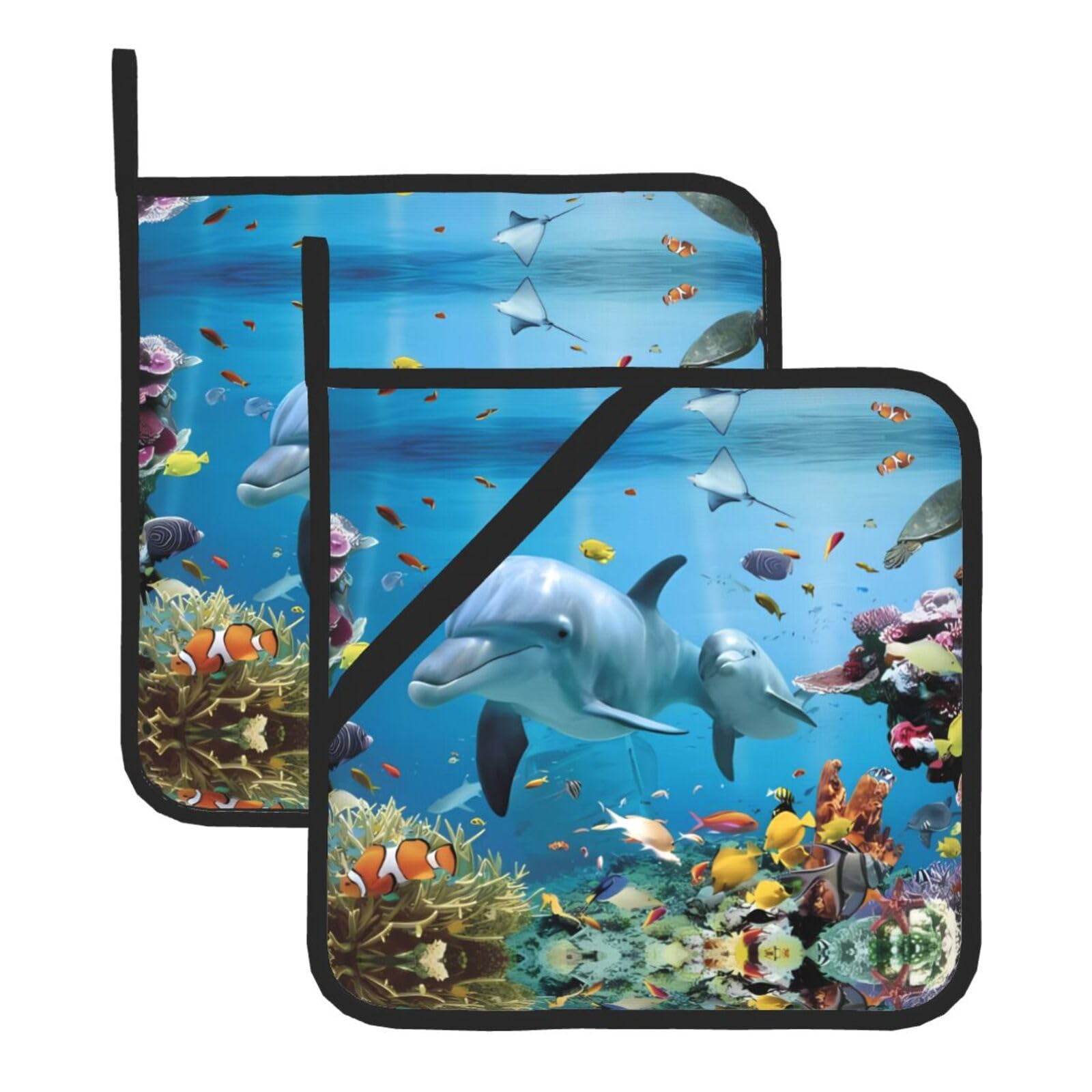 Whjssf Ocean Dolphin Looking At You Prints Square Hot Pads For Kitchen - Waterproof Trivets, Durable Pot Covers With Hanging Loops - Set Of 2 (One With Pocket)