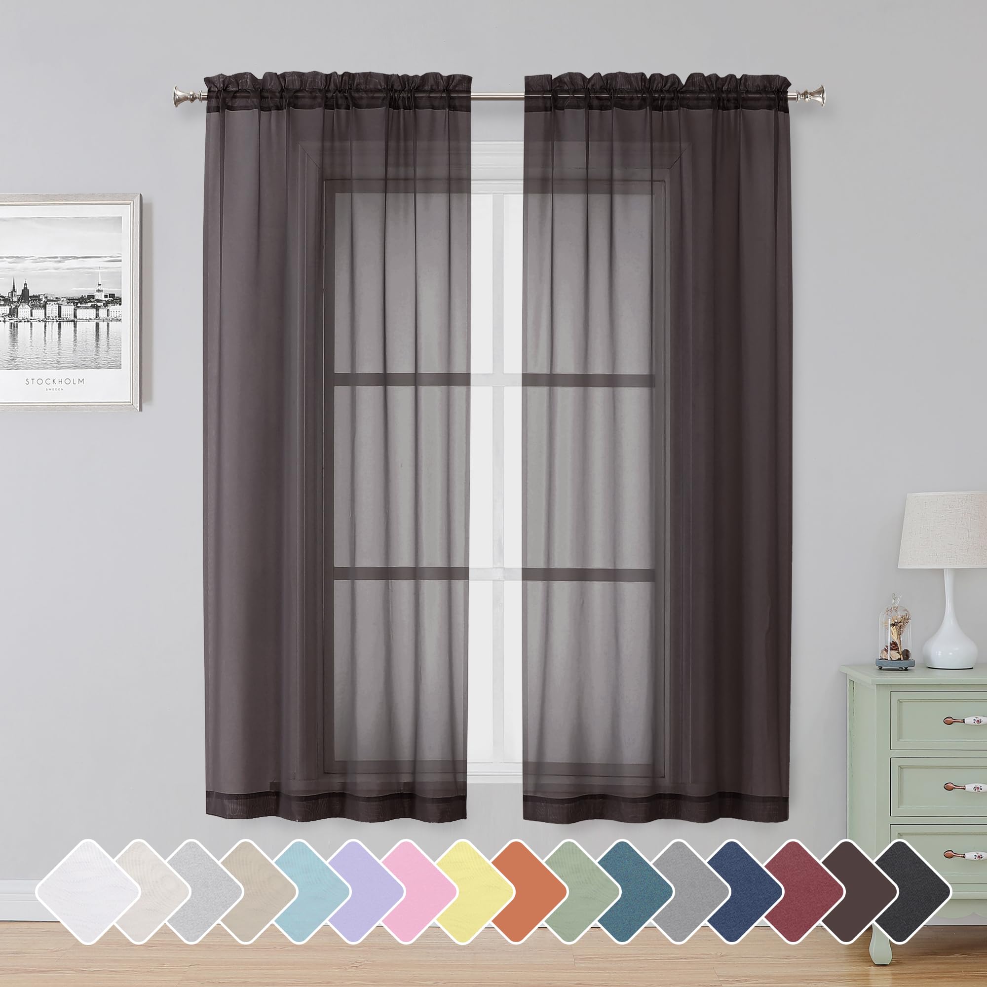 Simplebrand Chocolate Sheer Curtains 63 Inch Length 2 Panels for Bedroom