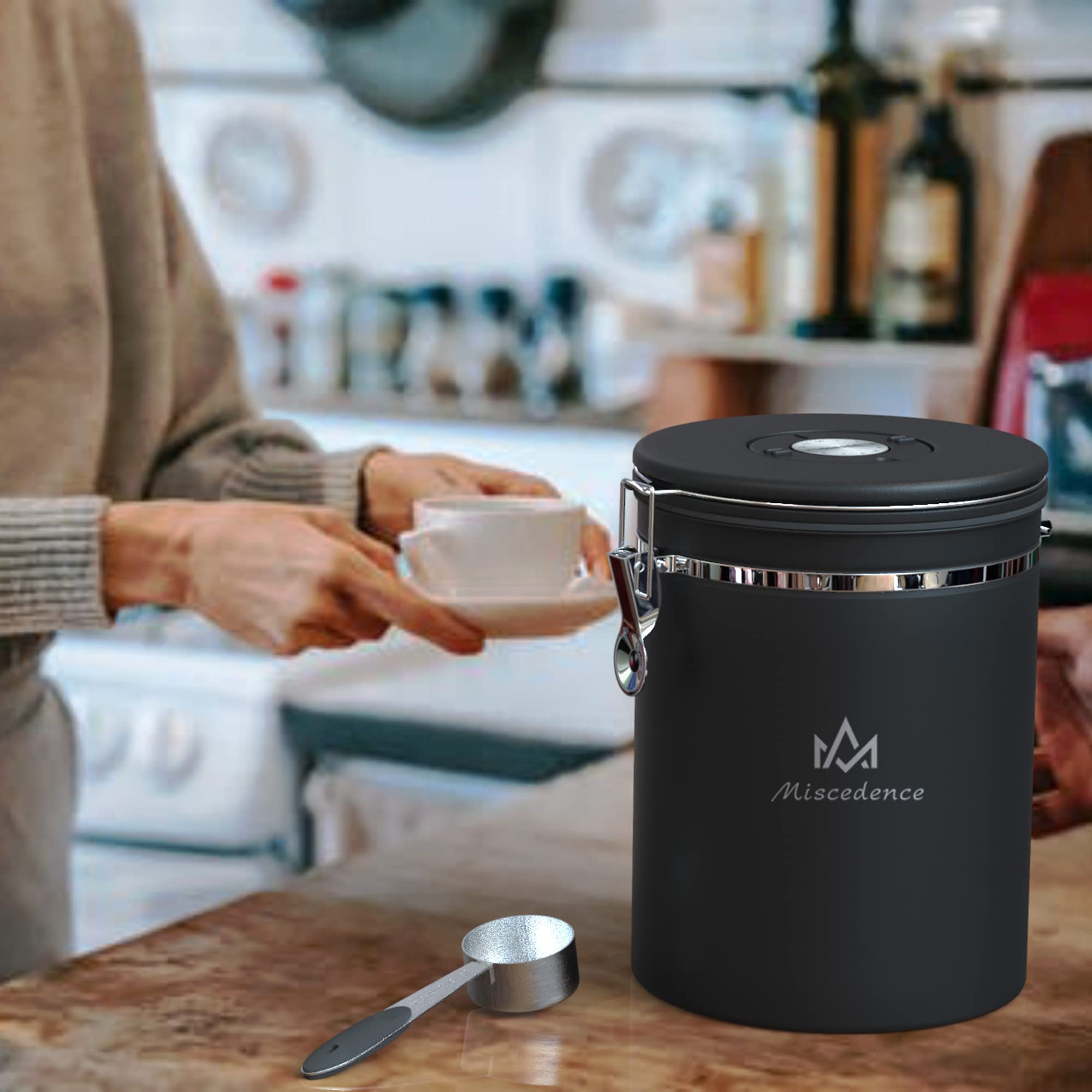 Recipiente de café de 35 onzas para café molido con rastreador de fecha, válvula de CO2 unidireccional de acero inoxidable 304, recipiente de almacenamiento hermético para granos de café o