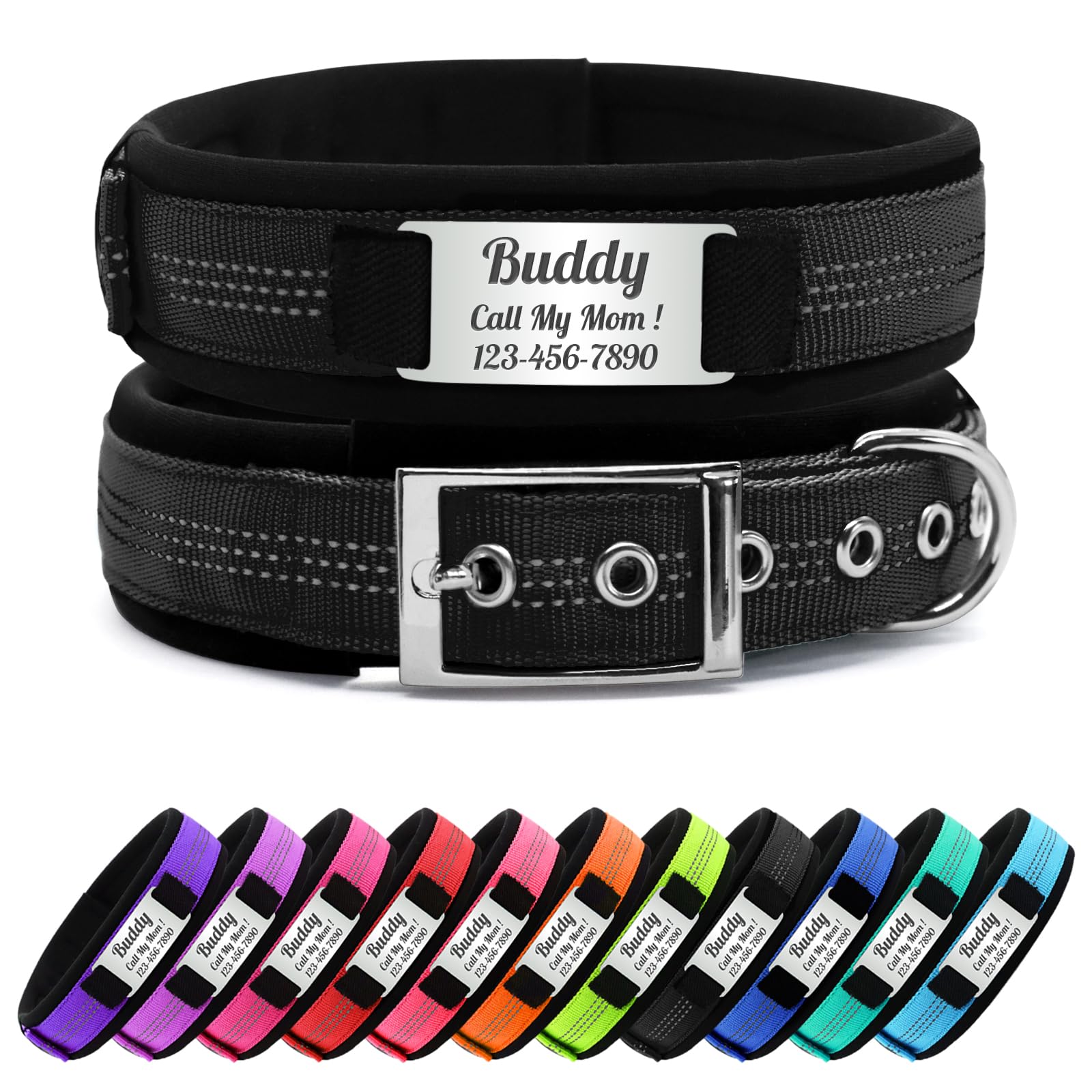 Nylon Reflective Personalised Dog Collar with Name, Customisable Dog Collar with Metal Belt Buckle, Soft Comfort for Pets - Matching Lead Available (Black) โ image 1