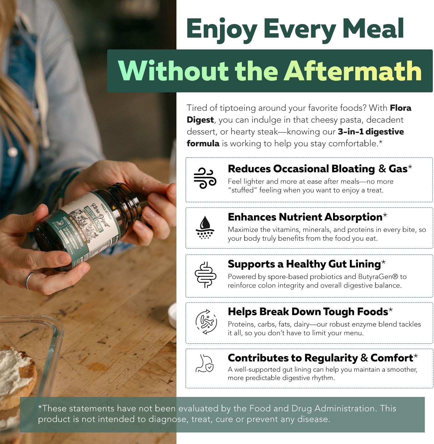 Flora Digest - 3-in-1 Max Strength Digestive Enzymes + Gut Surviving Probiotics & ButyraGen® Postbiotic for Optimal Digestion, Bloating Relief, Regularity, Gut Lining & Colon Support - (60 Capsules) - Image 3