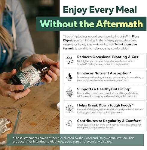Miniatura 3 de Flora Digest - Enzimas digestivas de máxima fuerza 3 en 1 + probióticos supervivientes intestinales y postbiótico ButyraGen para una digestión
