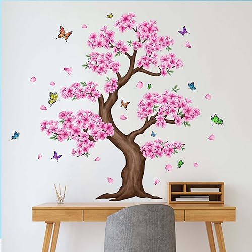 Miniatura 2 de PinkEleph Calcomanías de pared grandes de árbol de flores rosadas, calcomanías de pared de árbol floral de flores rosadas, dormitorio, sala de
