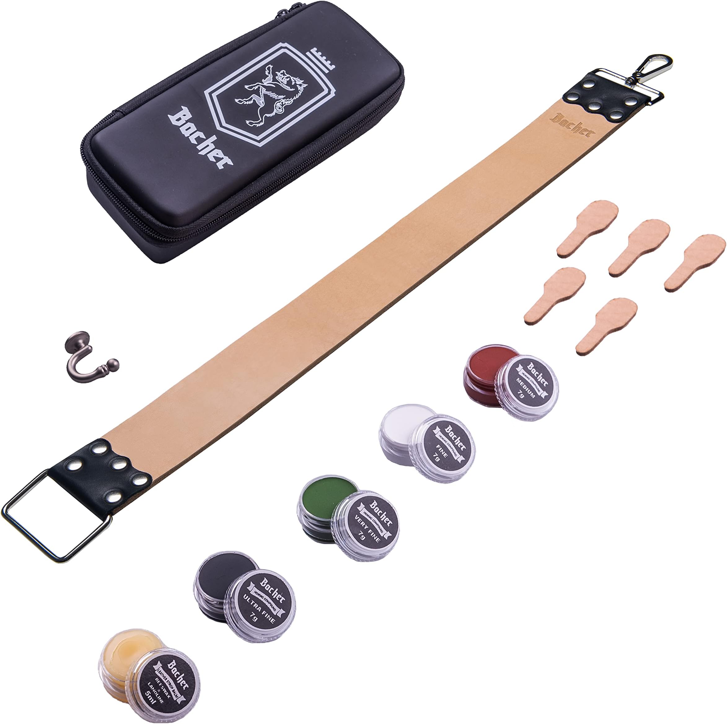Bacher Shaving Strop Belt with Honing Compounds - Premium Set - Leather Straight Razor Sharpener, Sharpening Compound and Razors Case (Regular: 56.5x5 cm) - Manual Shaving Accessories