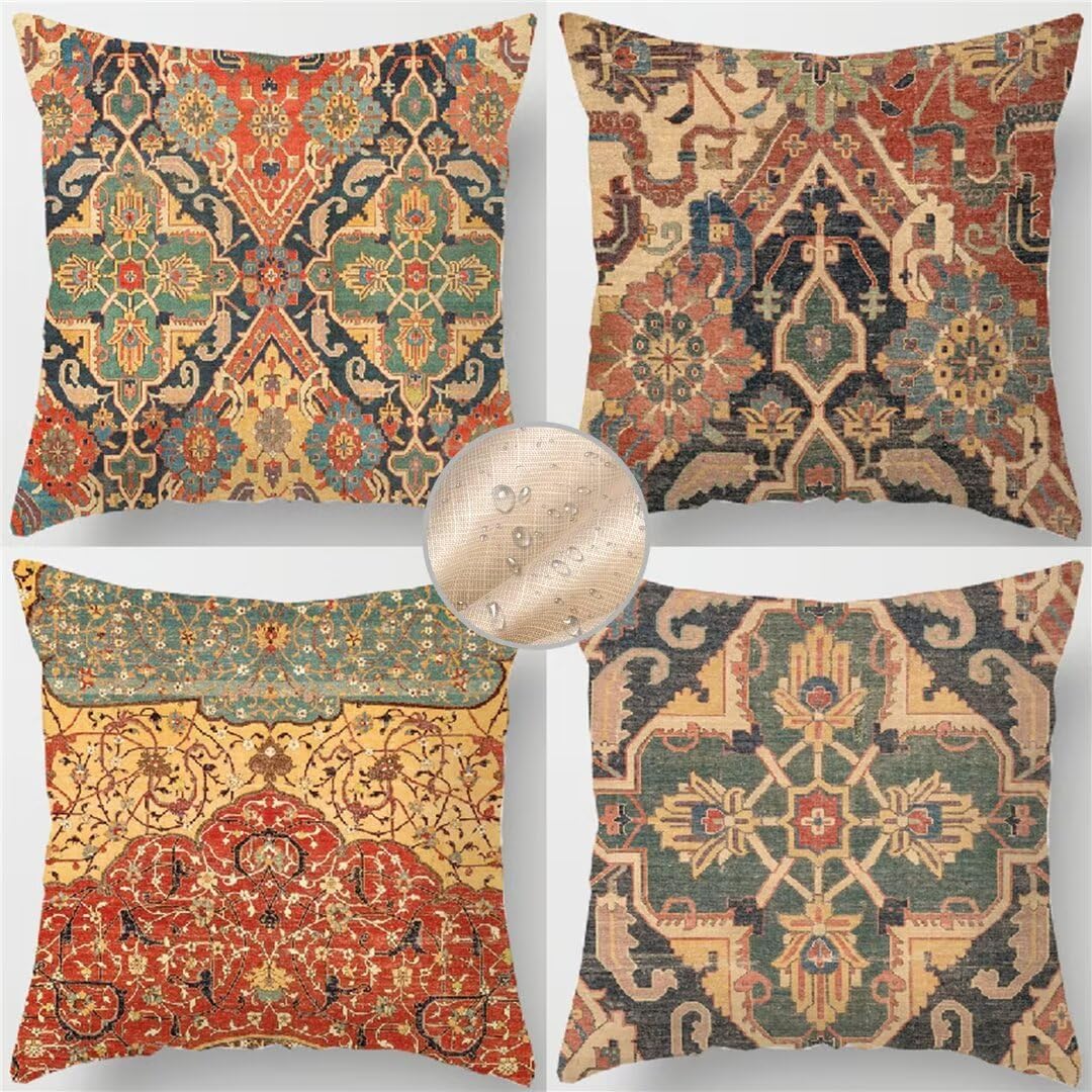 F308 Outdoor Garden Cushions Set of 4 - 45cm x 45cm Waterproof Linen Sofa Cushion Covers Double-Sided Mandala Style for Patio & Garden