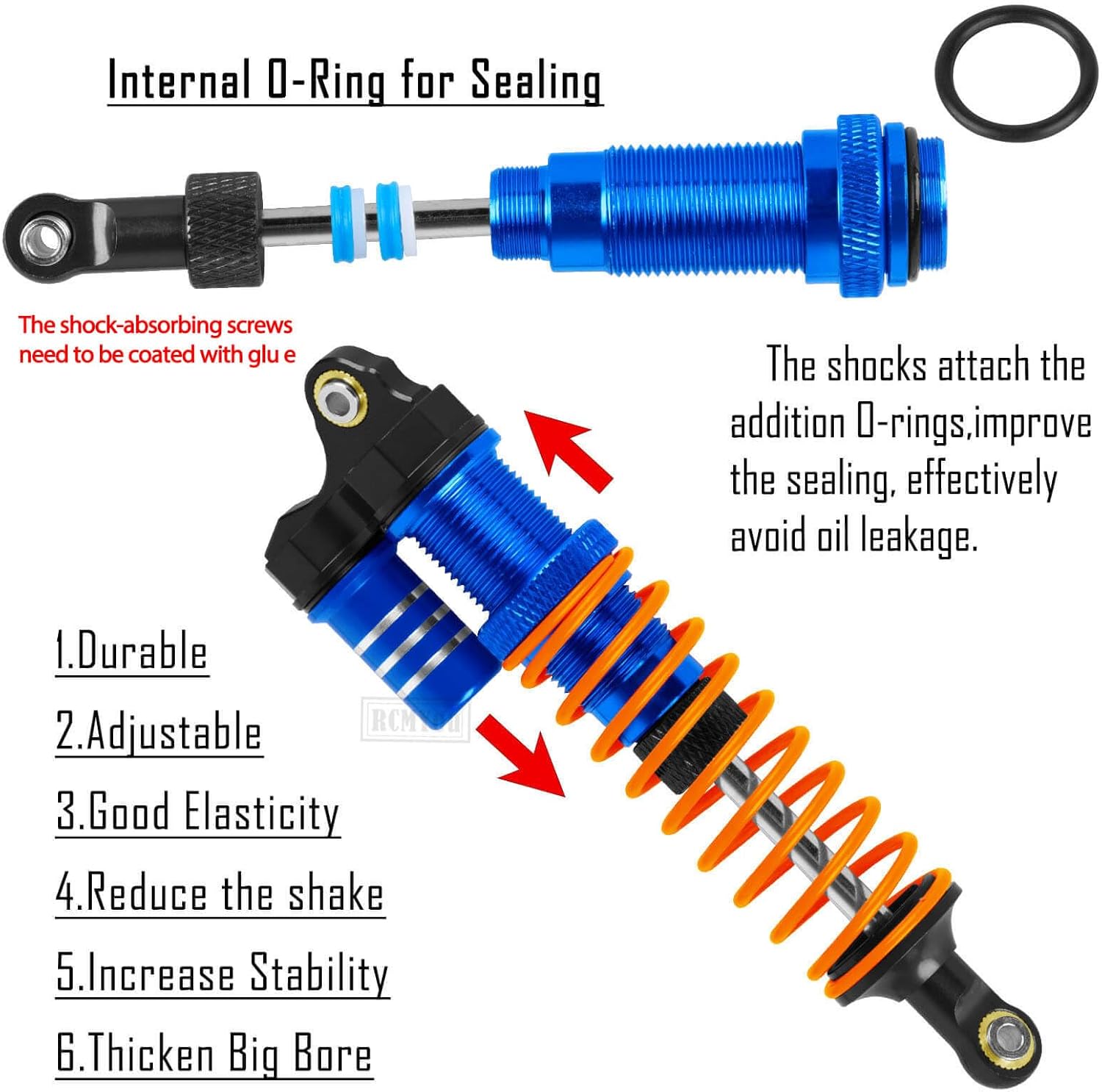 RC Aluminum Front Rear Big Bore RC Shock Absorber Upgrades Part for 1/10 Slash,Stampede,Rustler,Hoss 2WD 4X4 VXL,Alloy 4PCS RC Shocks w/Golden spring,Navy Blue