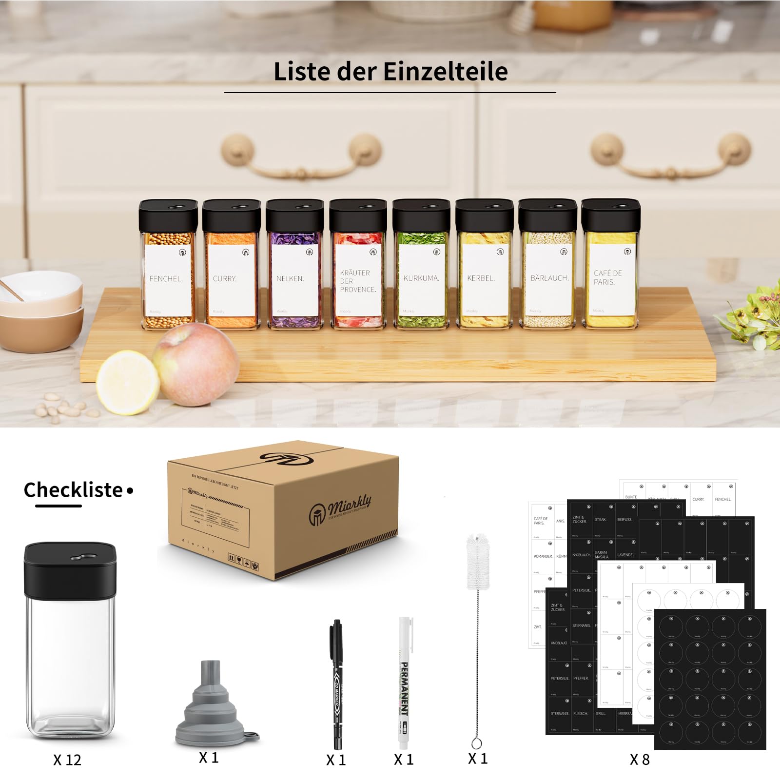 DIFULI Set 24 barattoli spezie rettangolari (120ml) con coperchio. Include: 340 etichette (con vuoti), imbuto anti-dispersione, setacci, organizer cucina (24 bamboo