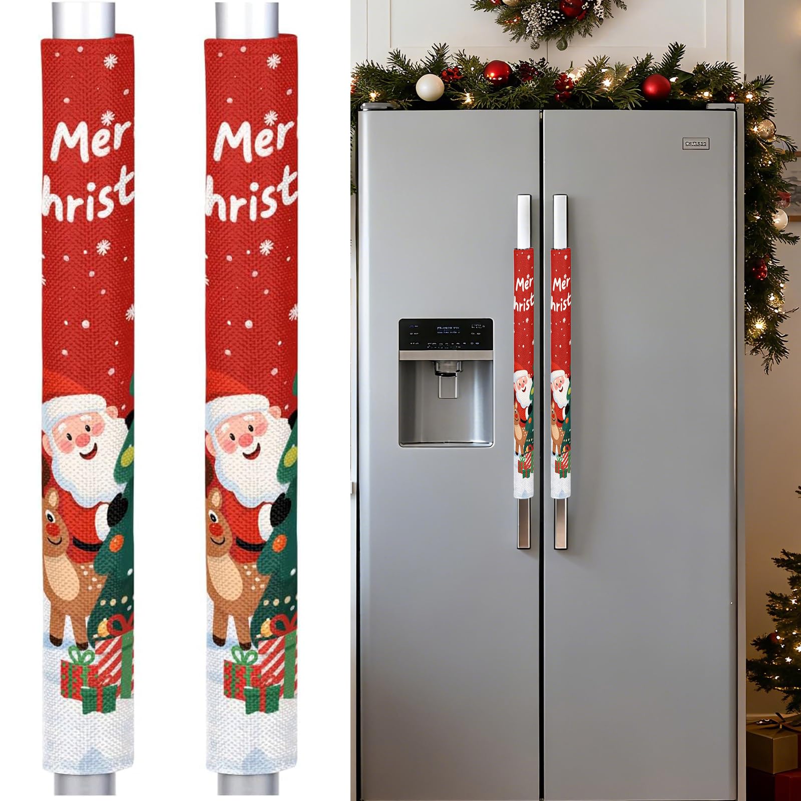 Christmas Refrigerator Door Handle Covers Set of 2, Santa Claus Reindeer Fridge Handle Cover Washable Fridge Dishwasher Oven Door Decor Protector Handle Cover, Keep Your Kitchen Appliance Clean