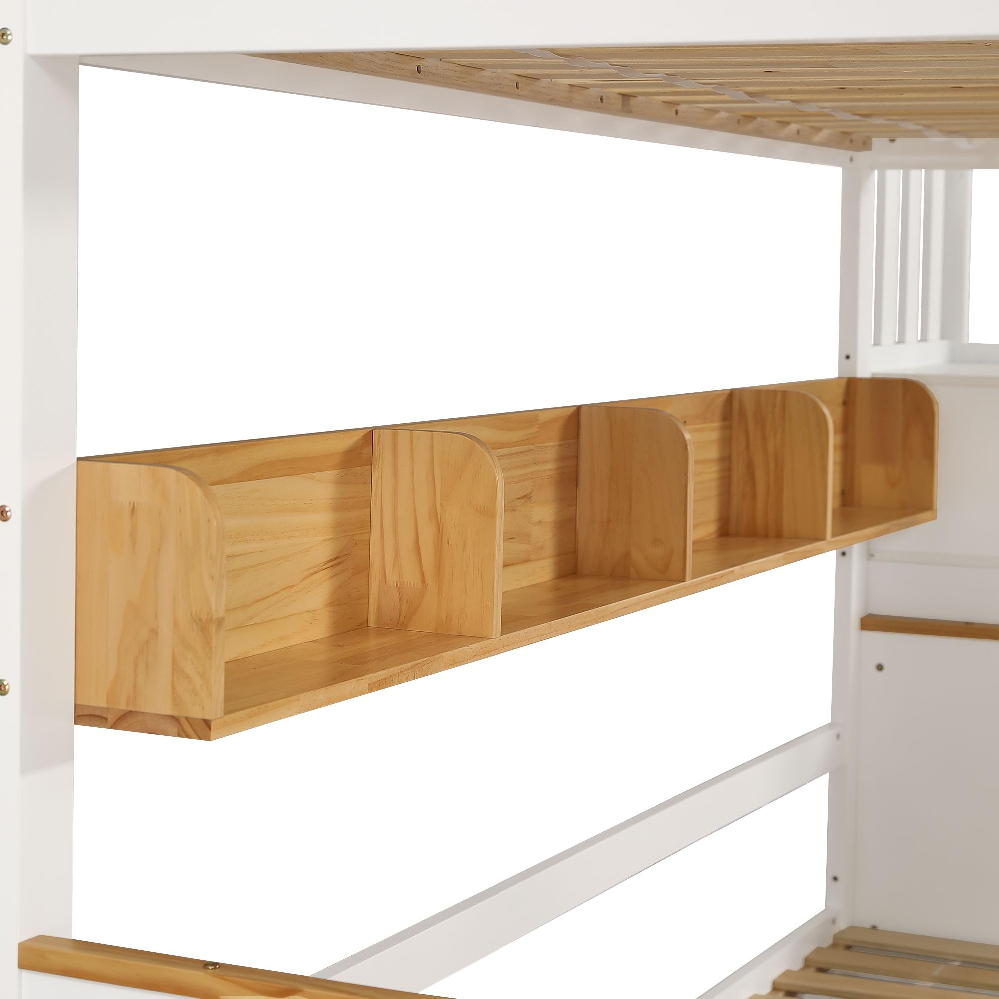 Idemon Letto a castello con scale, lavagna, mensole e scaffali, telaio in legno di pino e MDF, lettino con 4 armadietti nelle scale, con griglia anticaduta e 2 cassetti, bianco+naturale, 90 x 200 cm