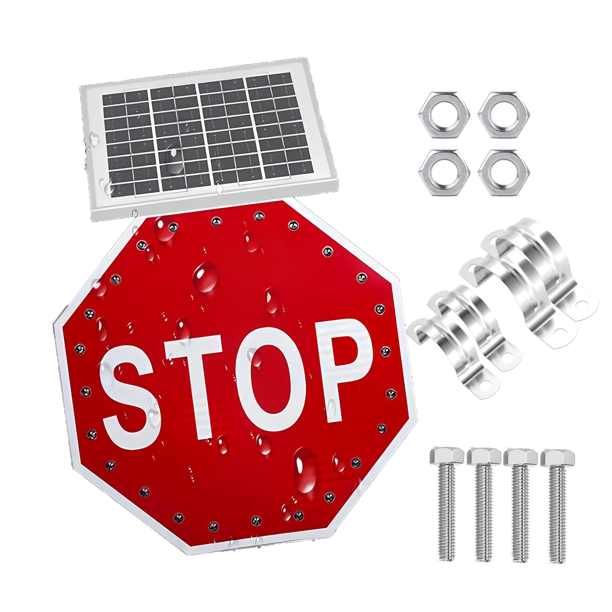 24 & 30 inch Solar Powered Stop Sign Led Flashing Road Signs, Heavy Duty Rustproof Aluminum Metal Octagon Warning Sign, 800m Visual Range Engineer Grade Reflective.(30in)