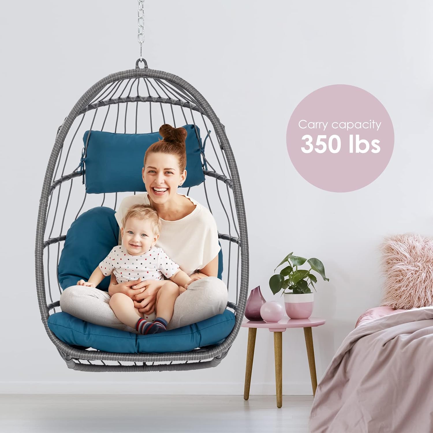 Hanging Egg Chair - Patio Rattan Wicker Swing Egg Chair Hammock Chair for Indoor Outdoor Bedroom Garden - Aluminum Steel Frame UV Resistant Cushion (Aluminum-Without Stand, Teal Blue)
