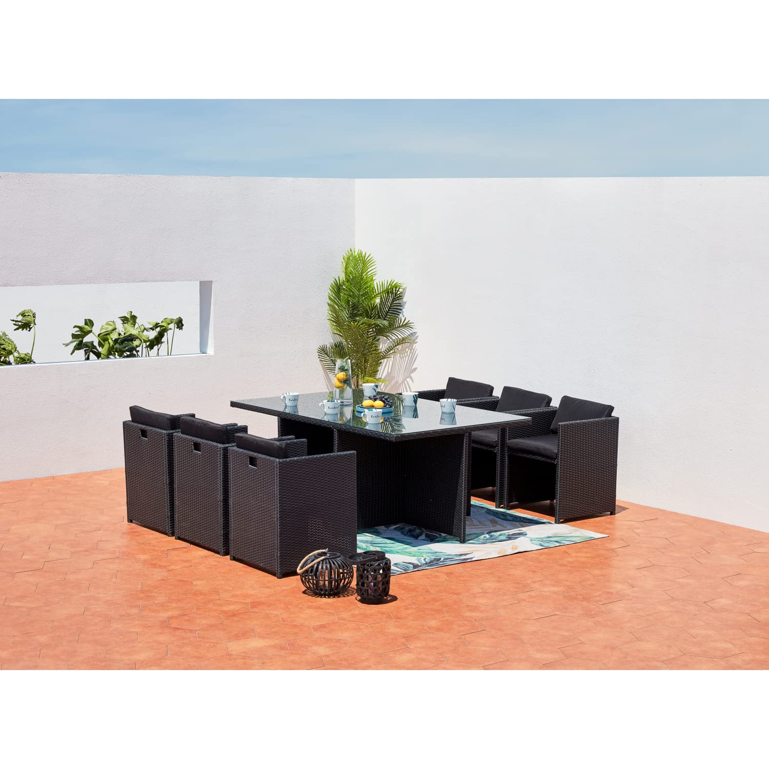 CONCEPT USINE Salon de Jardin Encastrable Miami Noir Coussins Noirs 6 Pers