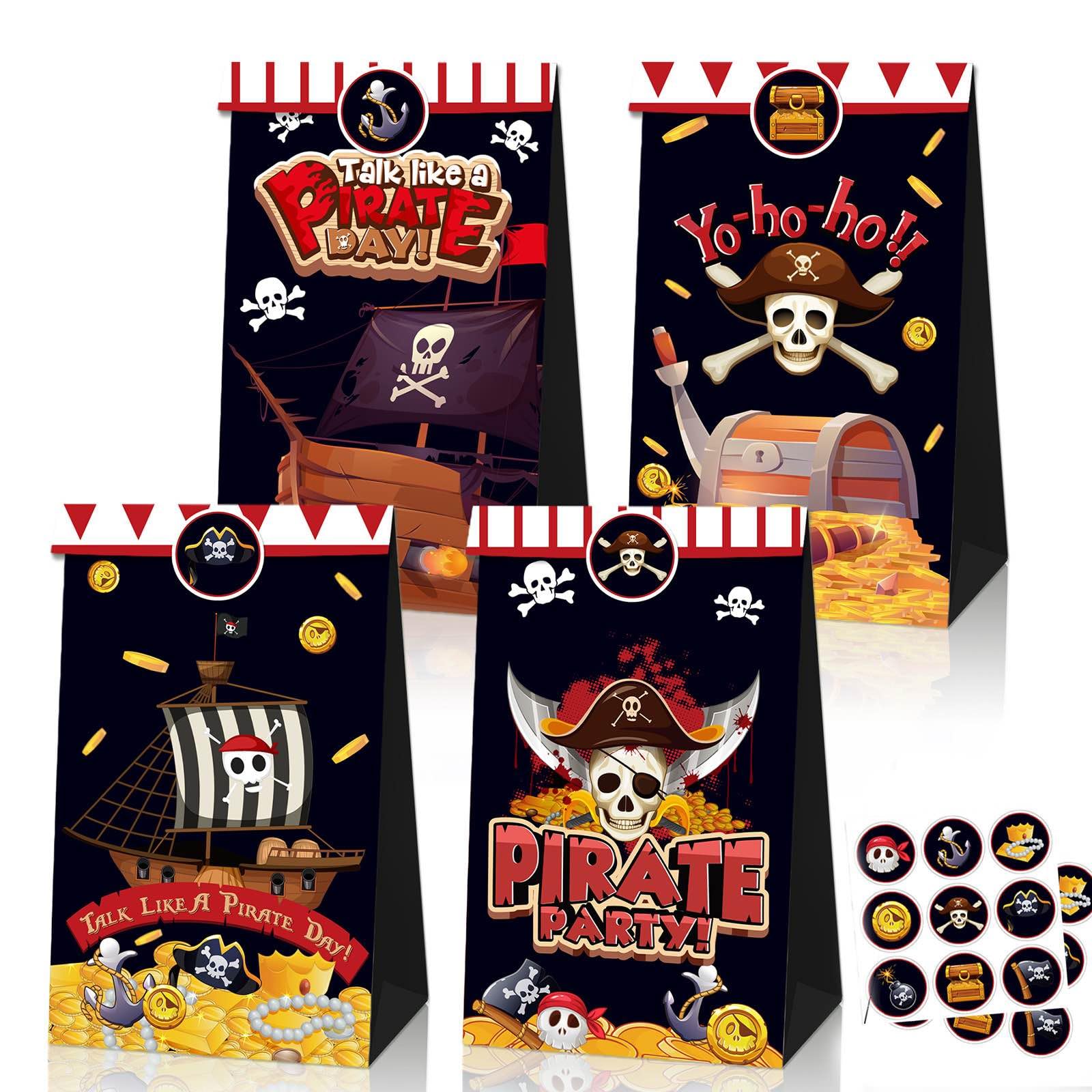 12Pcs Paper Party Bags for Kids Party,22x12x8cm Pirate Small Gift Bag Candy Goodie Treat Bags with 18 Stickers for Boys Girls Birthday Baby Shower Pirate Theme Parties Bag favours Presents