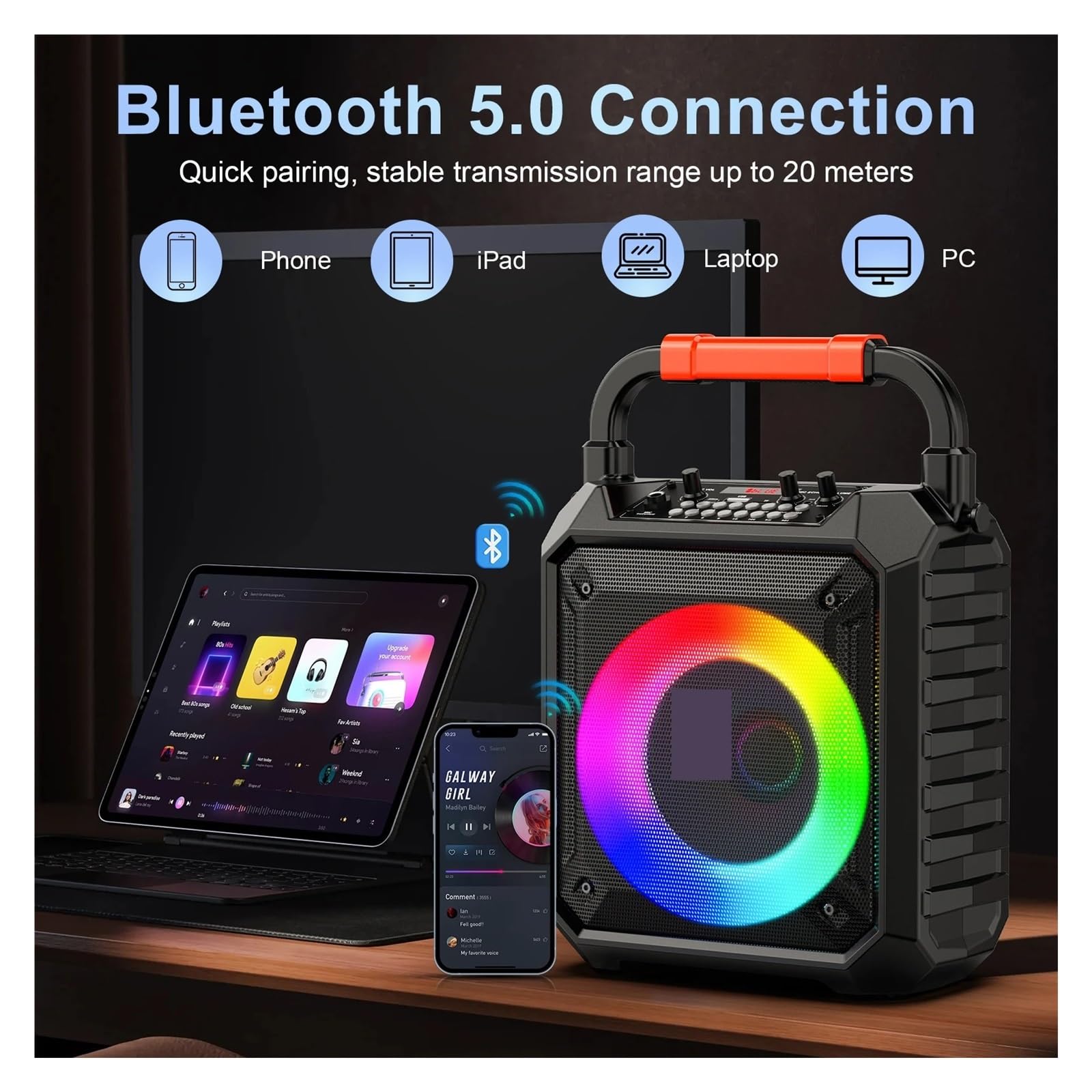 Máquina De Karaoke con 2 Micrófonos, Altavoz Portátil Bluetooth For Luces DJ For Fiestas Al Aire Libre, PA Compatibilidad Universal