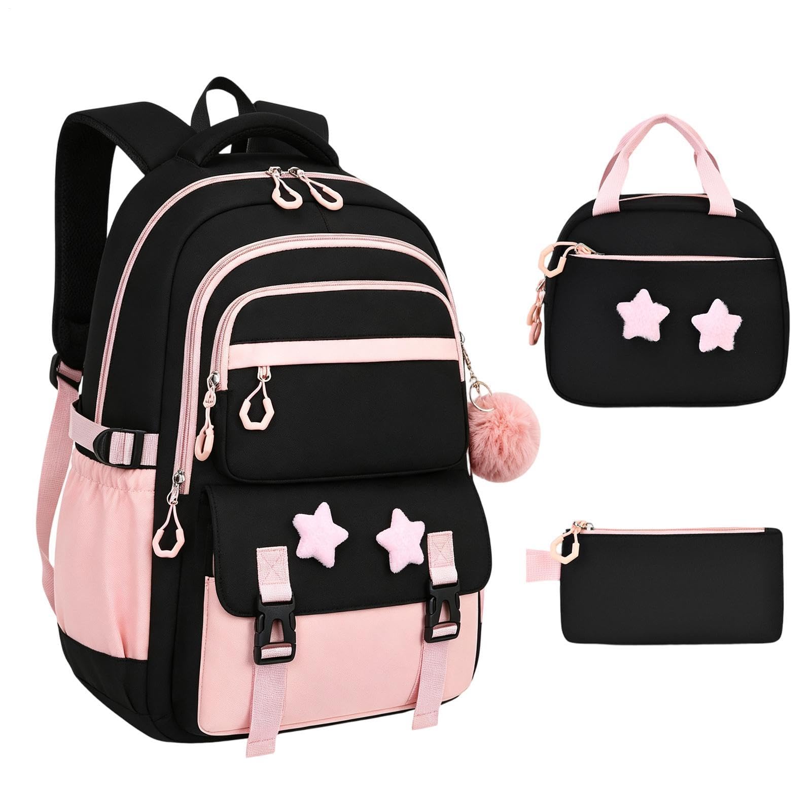 Mädchen Rucksack- Und Brotdosen-Set 3-teiliges Set, süßes Sternenmuster, | Studenten Reisetasche für Schulbücher, Geldbörse, Schreibwaren, Kleidung, Reisen, Pendeln