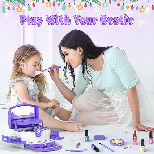 Miniatura 4 de GirlsHome Juego de maquillaje para niños para niña, 56 piezas, cosméticos reales lavables, juguetes congelados no tóxicos, kit de maquillaje