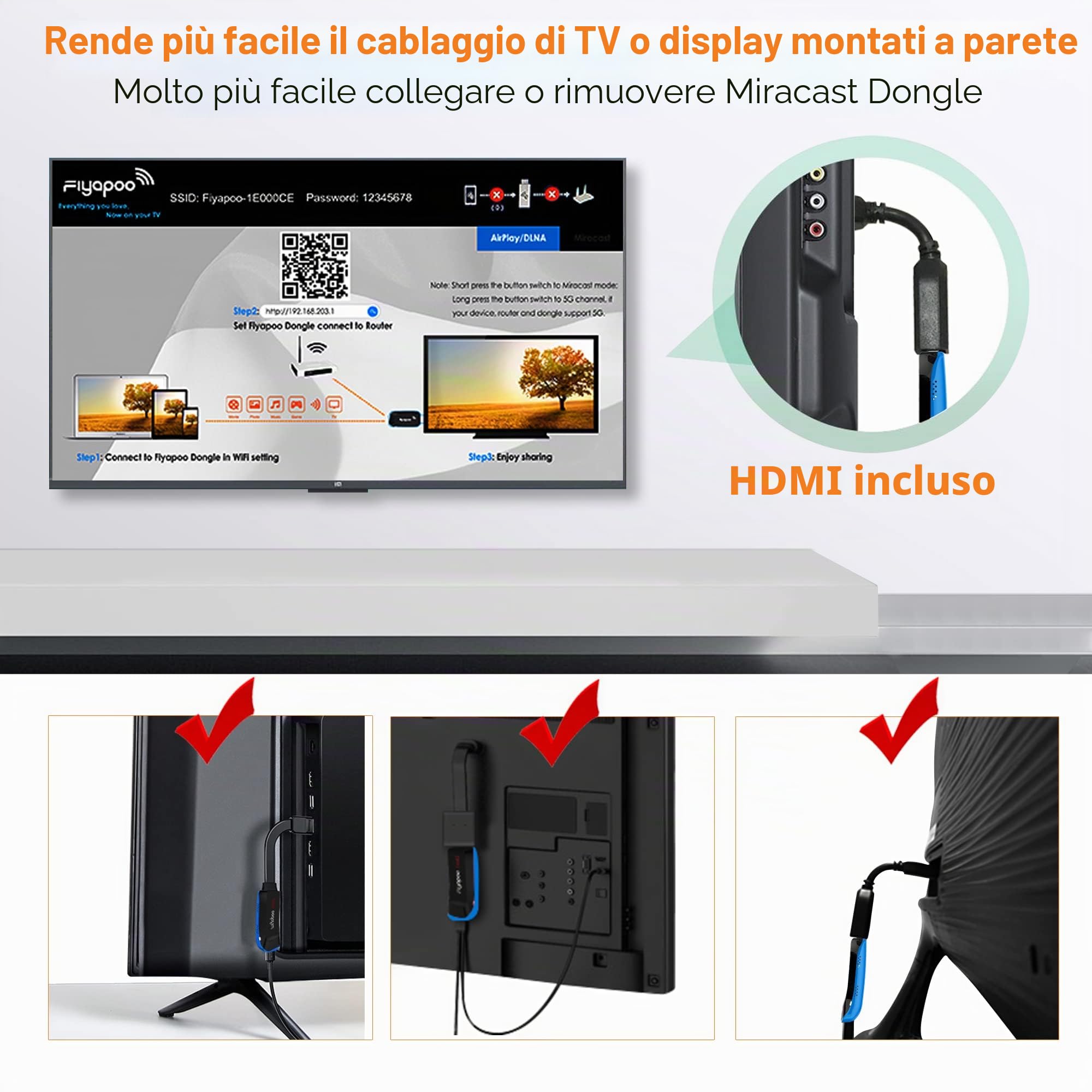 Dongle Miracast Con Display Wireless 4K, Adattatore WiFi HDMI per Screen Mirroring da Telefono/Pad a TV/Proiettore, Supporto DLNA AirPlay Chromecast e Netflix