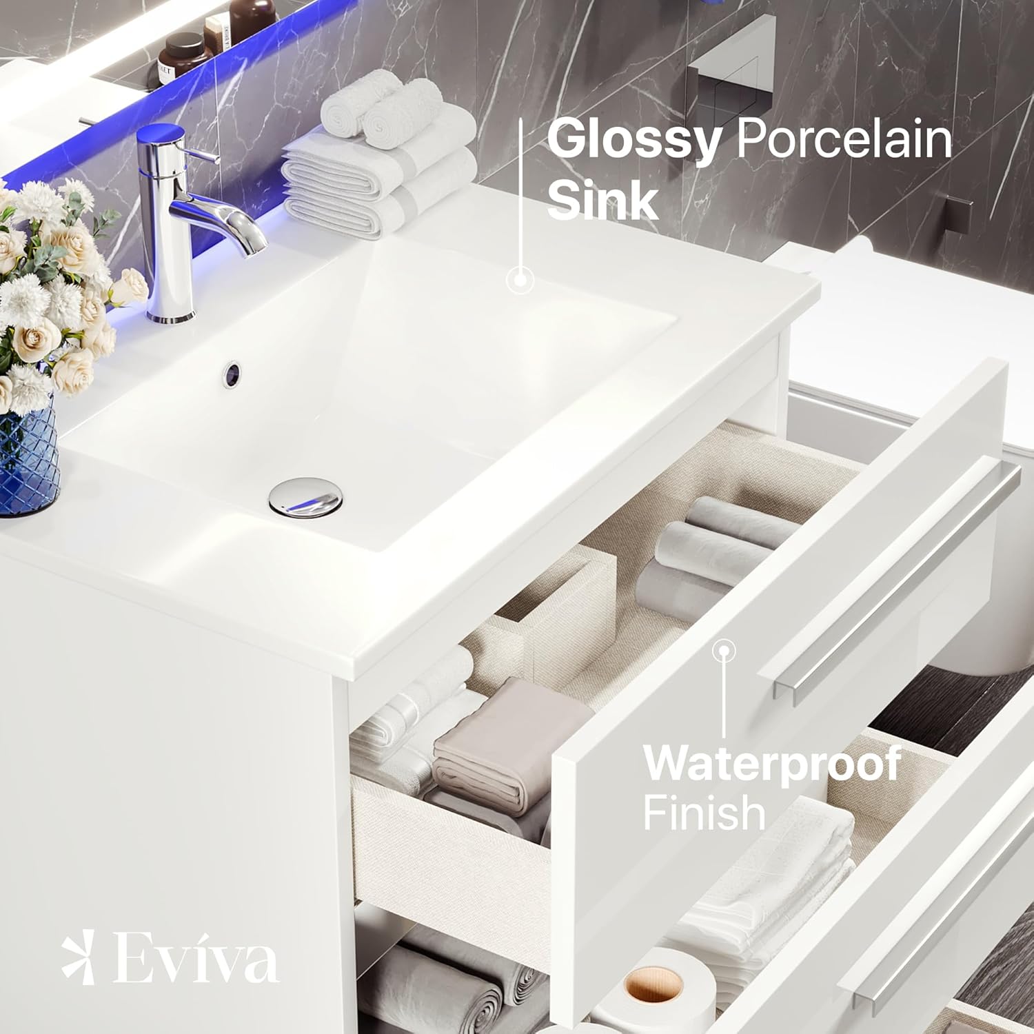 Eviva Deluxe White Bathroom Vanity with Sink and countertop - Modern 32 inch Bathroom Vanity with Sink W/Chrome Hardware Finish - Elegant Engineered Wood Construction Bathroom Vanity Cabinet Design