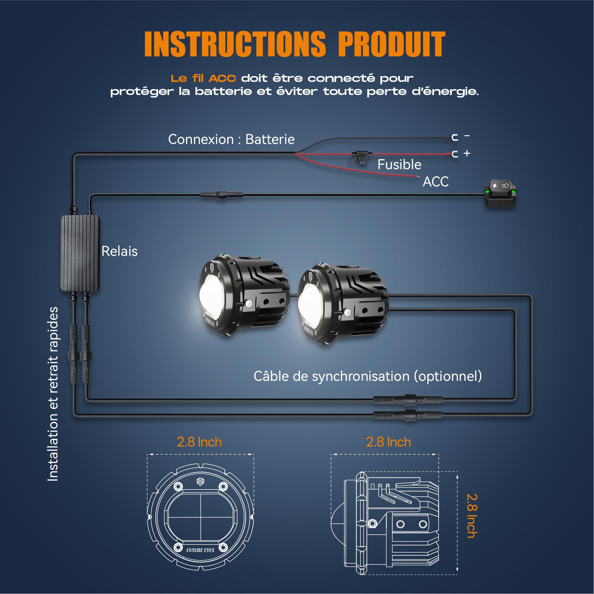Future Eyes Phare Antibrouillard LED pour Moto, Projecteur Auxiliaire 60W avec Rotation à 360°, Feux de Route/Feux de Croisement, Éclairage Étanche pour Conduite Nocturne, ATV, UTV et Phares de Moto